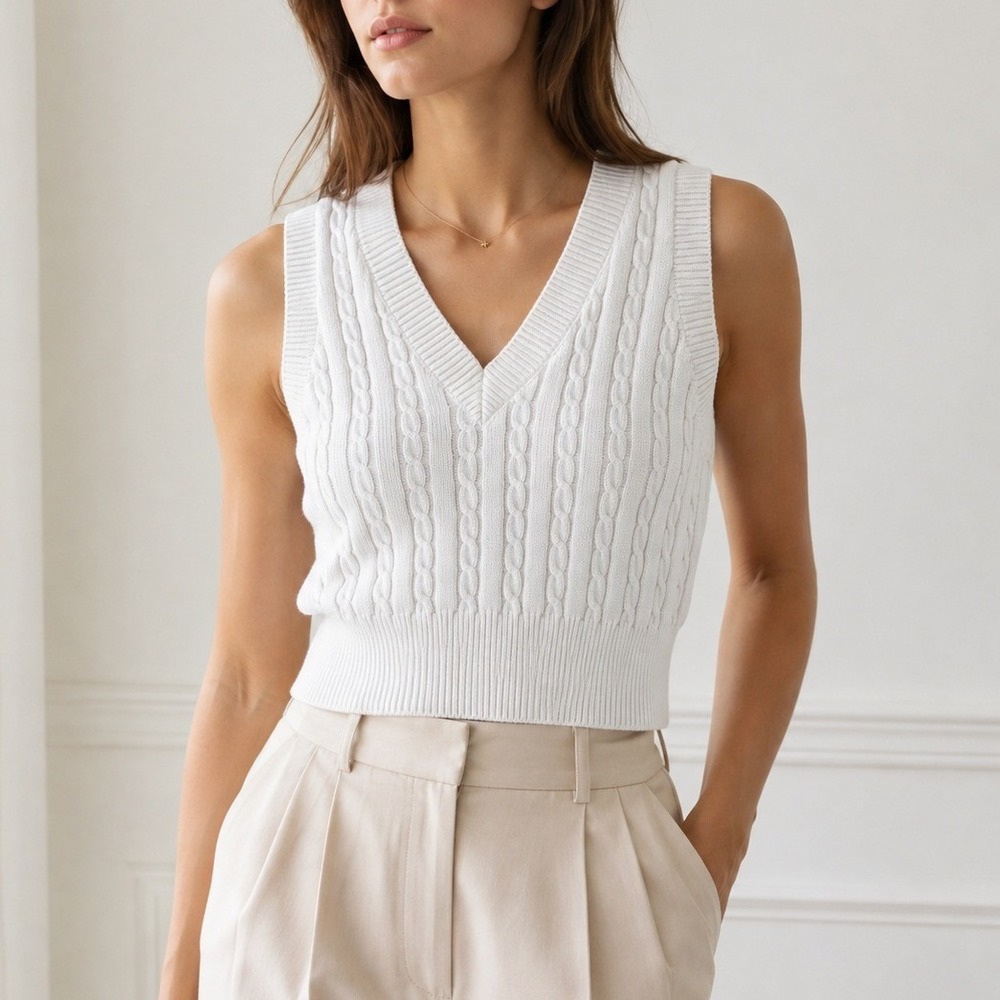 Cable Knit Sweater Vest‎ White V Neck Cropped Preppy XS Cotton Shekou